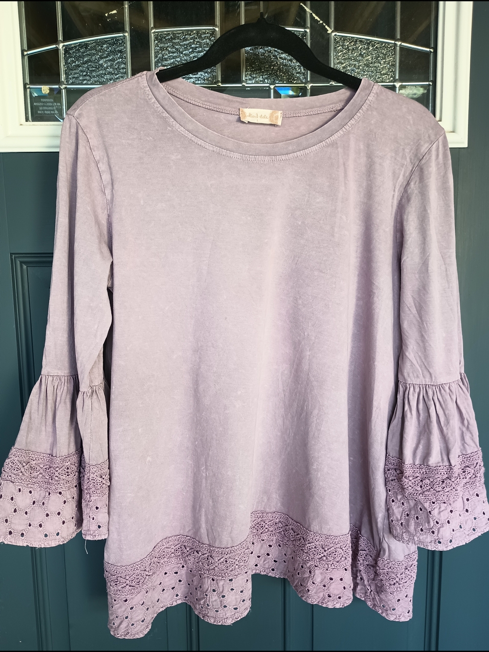 Altar'd State Lavender Eyelet Bell Sleeve Top Ruffles Romantic Size L Casual